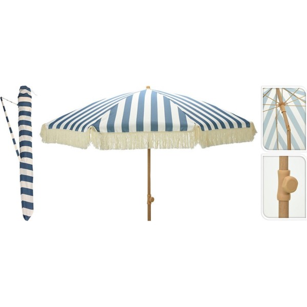 Parasol para jardín, rayas azul con flecos beige, ø183 x 200 cm